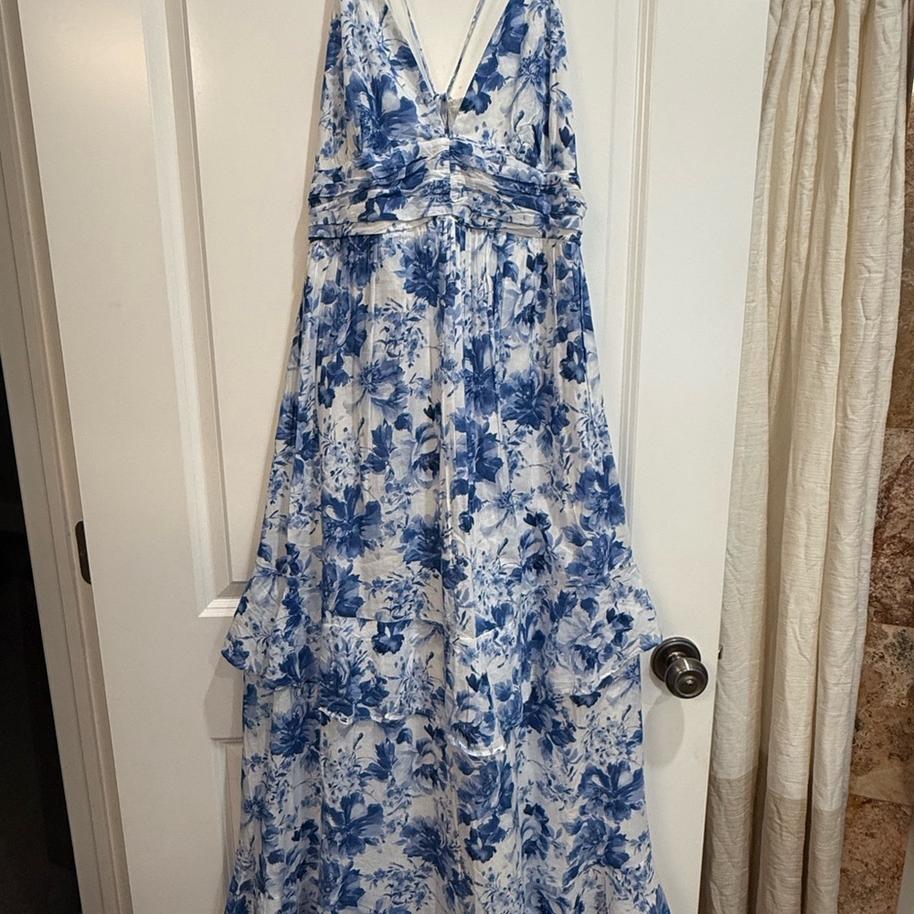 Abercrombie Floral Blue and White Halter Maxi Dress size L